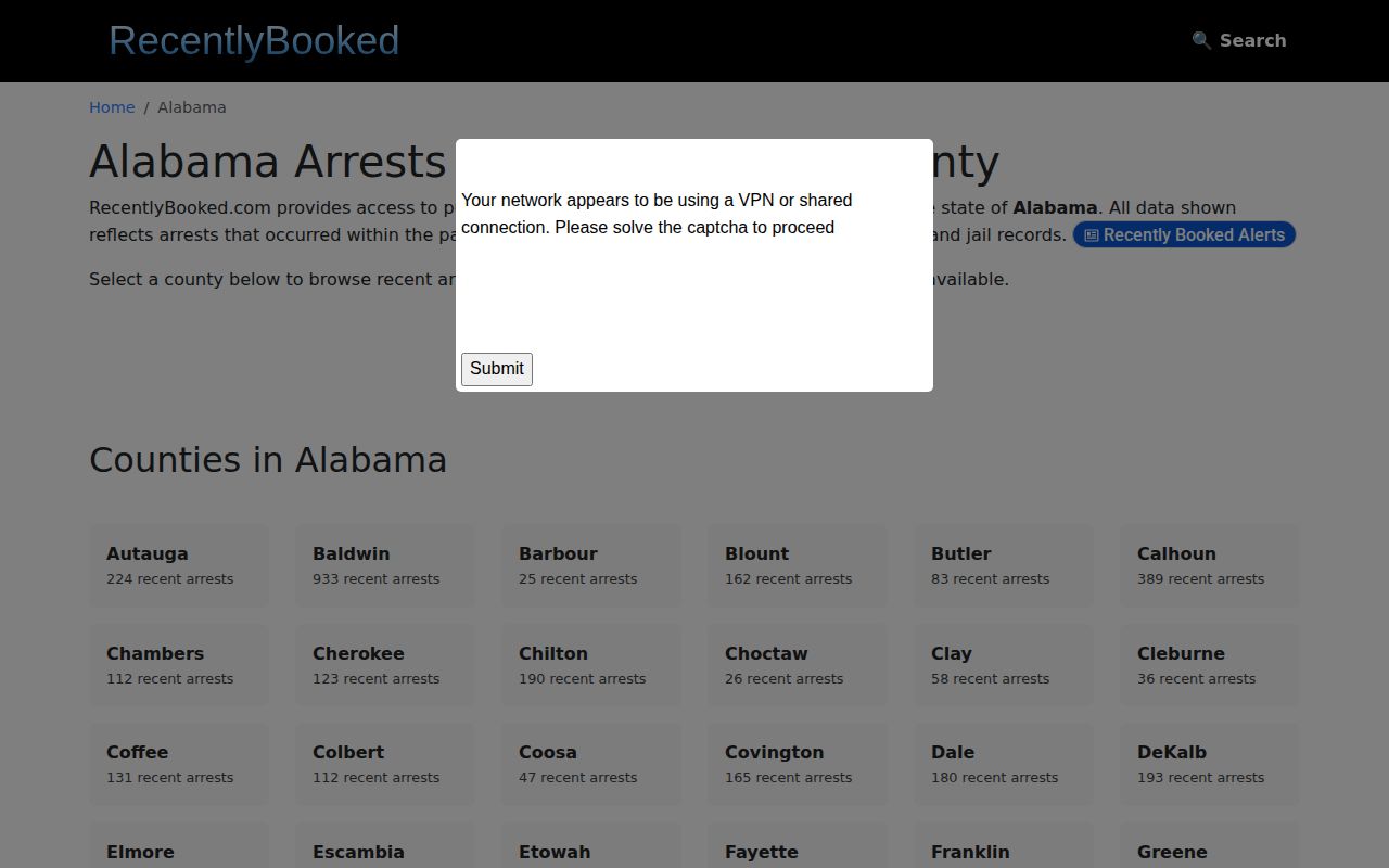 RecentlyBooked Alabama index page, a third-party arrest listing site with no verified Bullock County arrests section
