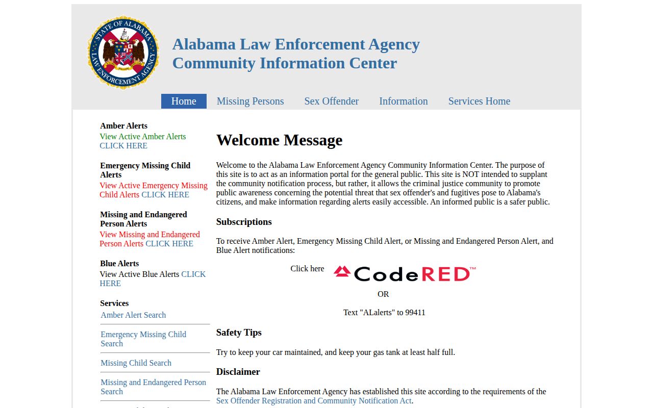 Alabama Law Enforcement Agency community portal, a statewide alerts resource that is not a Bullock County booking feed
