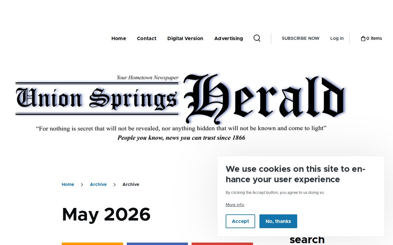 Union Springs Herald monthly archive page for May 2026, where Bullock County arrest and police activity coverage is filed by month