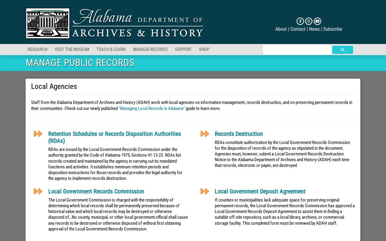 Alabama Department of Archives and History local records retention page, which governs how long Bullock County arrest records must be kept