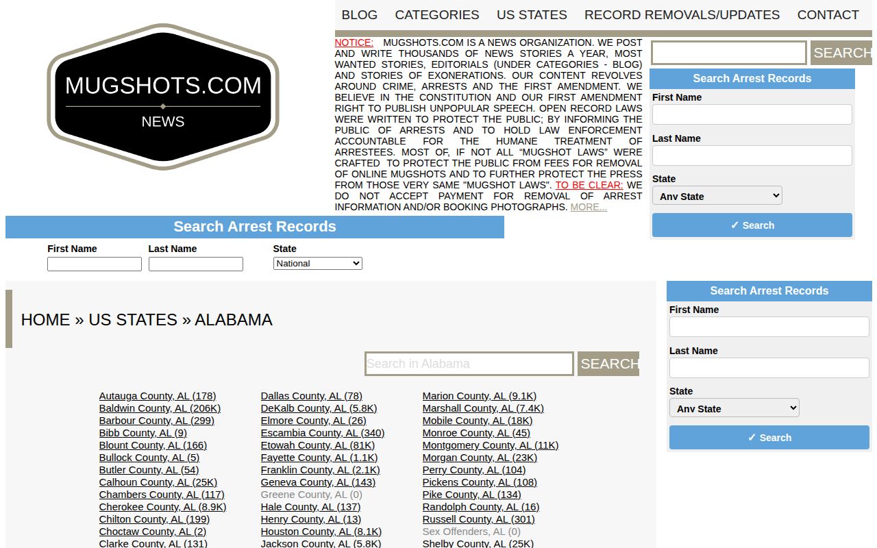 Mugshots.com Alabama state page, a third-party site with no verified Bullock County arrest records section
