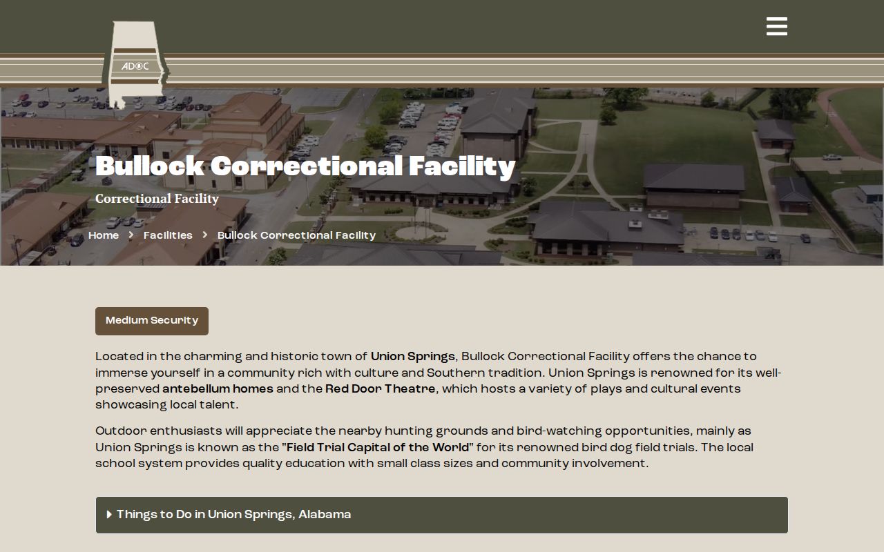 ADOC Bullock Correctional Facility page, the state prison located in Union Springs and distinct from the Bullock County Jail