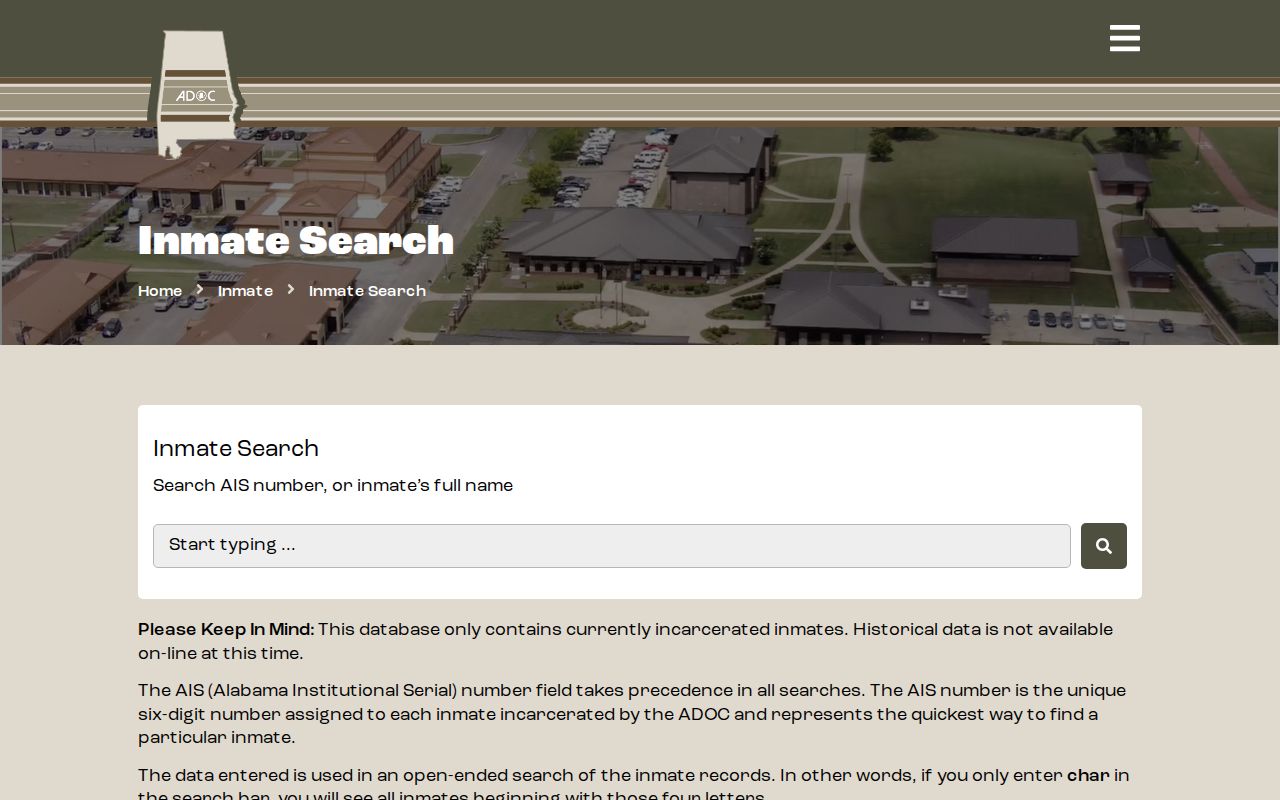 Alabama Department of Corrections inmate search form, the state prison locator used after a Bullock County sentence