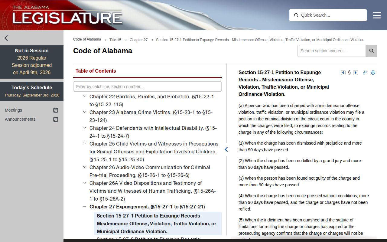 Alabama expungement statute section 15-27-1 as displayed on the legislature's code portal, the law governing Bullock County arrest record removal