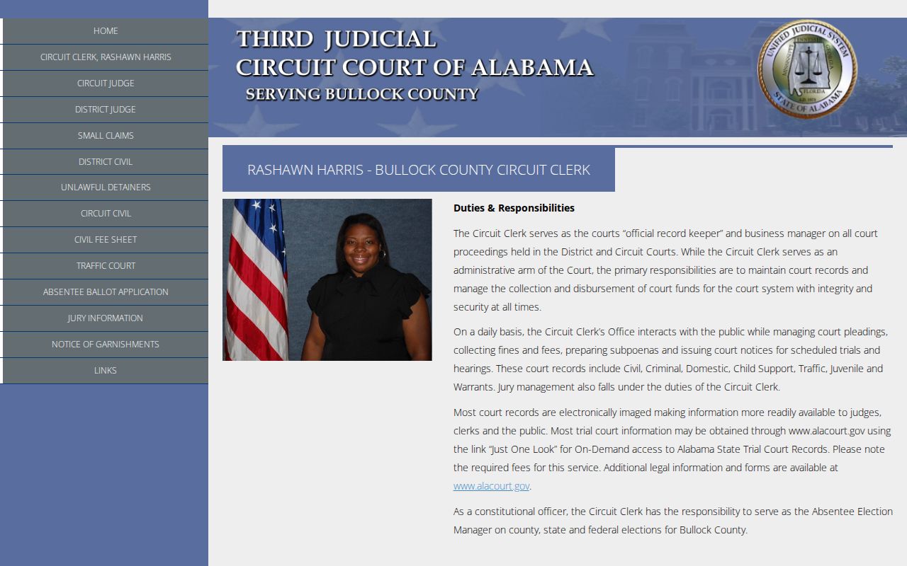 Bullock County Circuit Clerk court records page, the official route for criminal case and warrant records after an arrest
