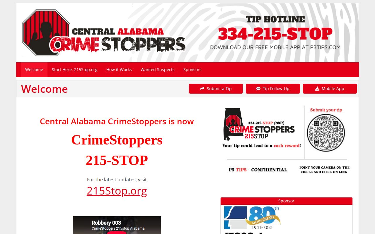 Central Alabama CrimeStoppers tip page, the regional anonymous tip route that covers Bullock County wanted-person cases
