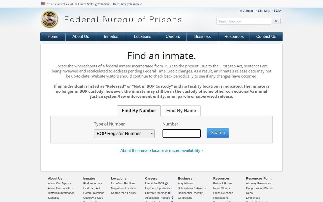Federal Bureau of Prisons inmate locator search form, the separate system for federal custody after an arrest
