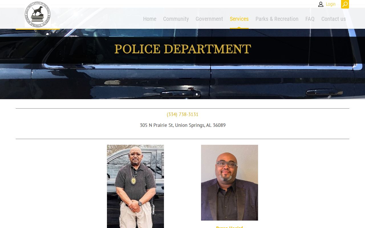Official Union Springs Police Department page showing the address and non-emergency phone used for arrest record questions