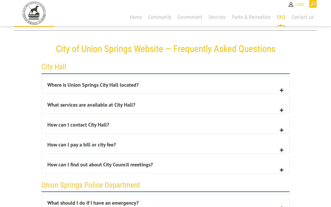 Union Springs city FAQ page describing the accident report request process that is often mistaken for an arrest record procedure