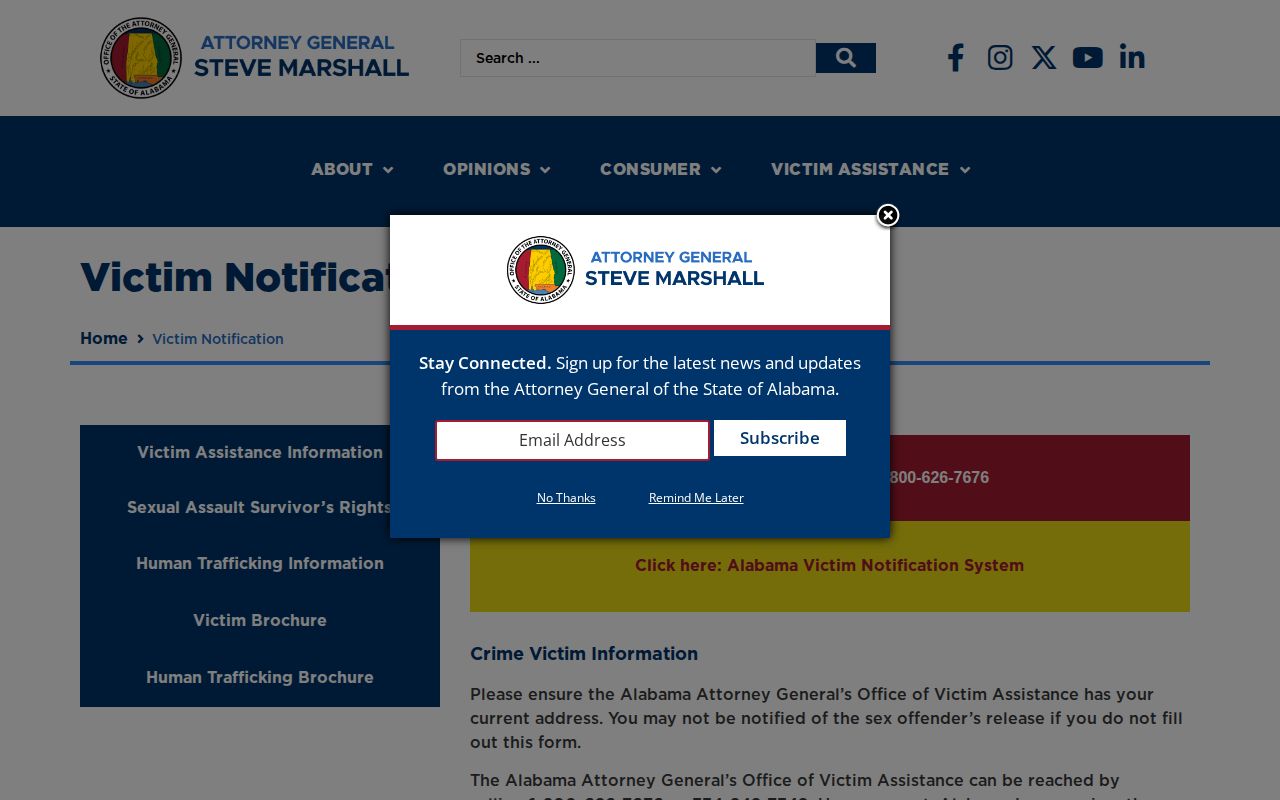 Alabama Attorney General victim notification registration page listing the sign-up details for custody alerts after a Bullock County case
