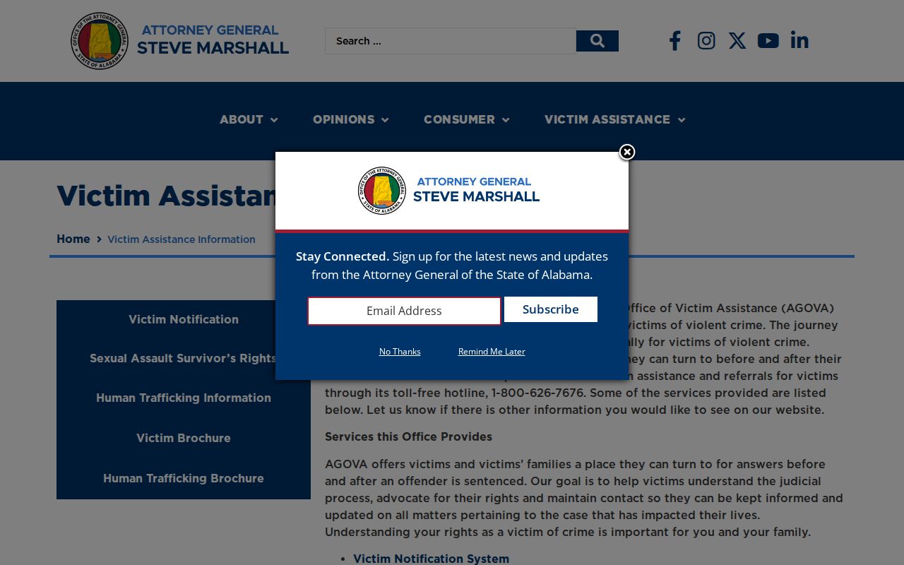 Alabama Attorney General victim assistance page, the help route for custody notification questions from Bullock County