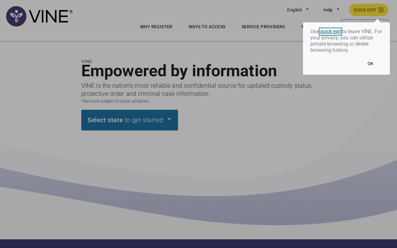 VINELink national custody search landing page, the portal entry point for a Bullock County inmate check after an arrest