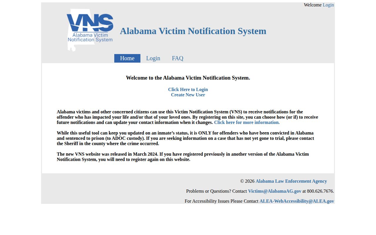 Alabama Victim Notification System landing page, the state custody alert service for ADOC sentences following a Bullock County conviction
